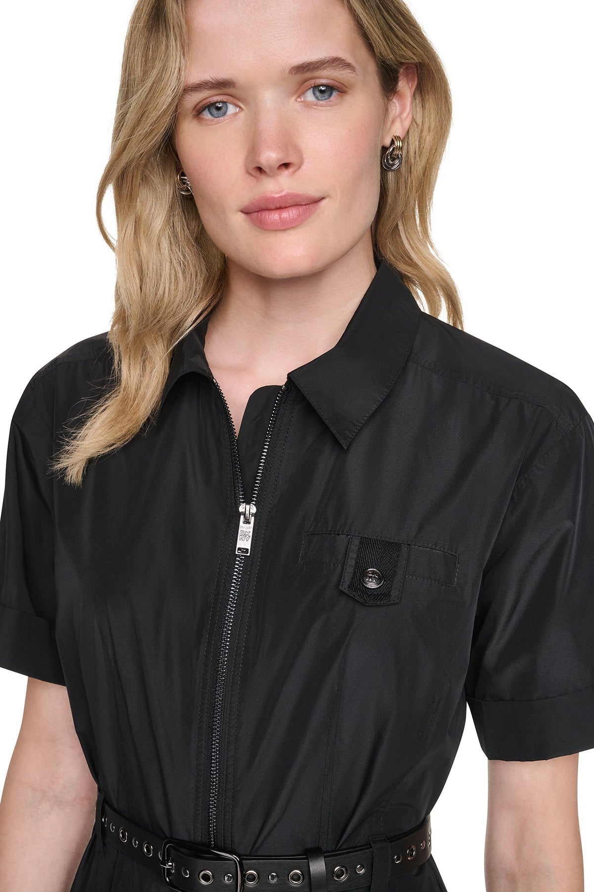 MEMORY TAFFETA ZIP FRONT DRESS - Black | DKNY