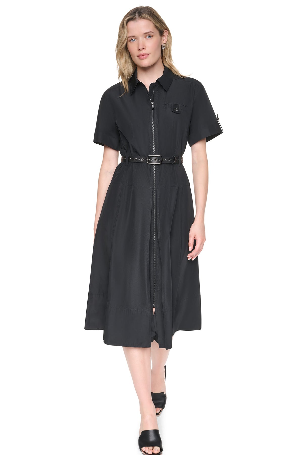 MEMORY TAFFETA ZIP FRONT DRESS - Black | DKNY