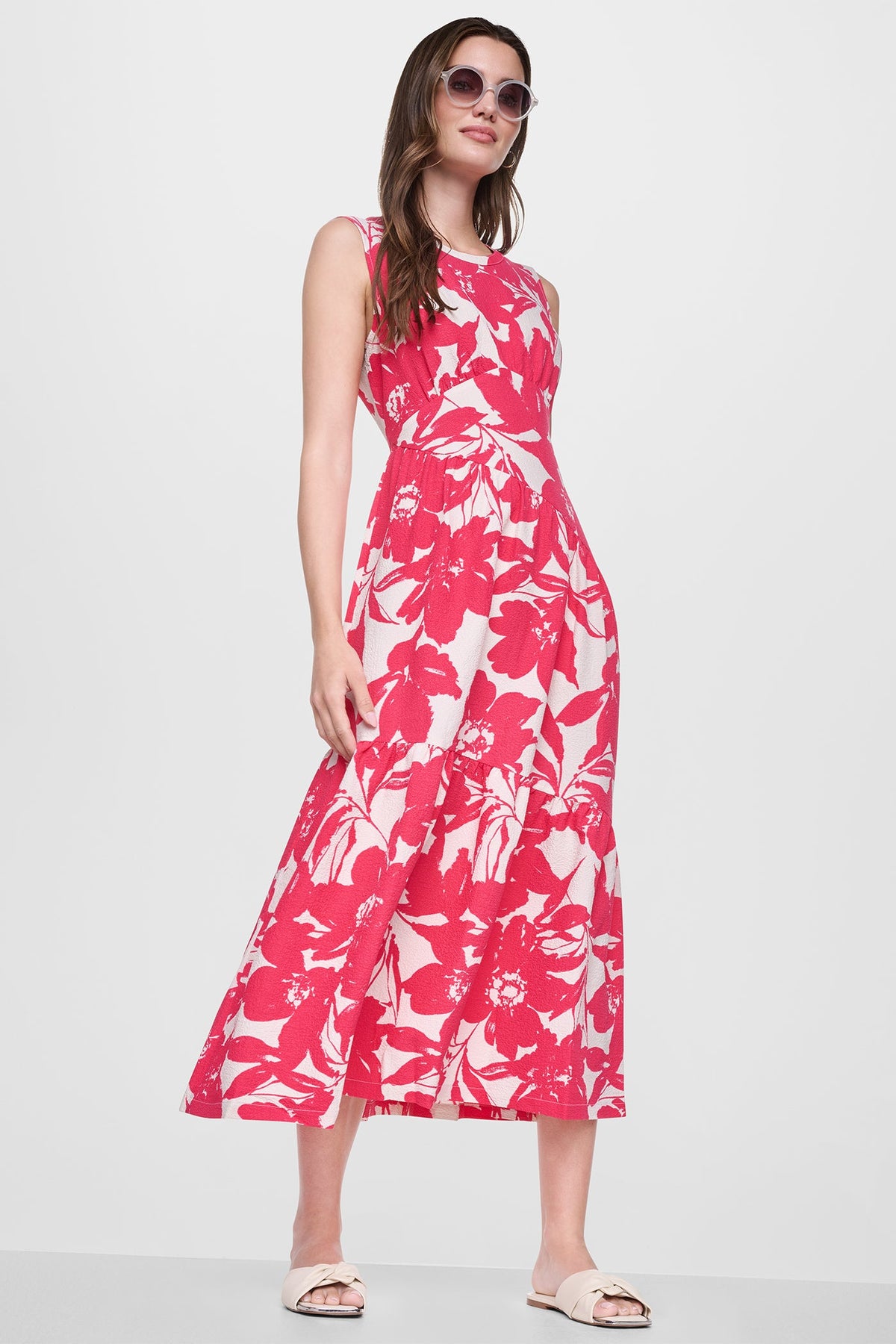 JEWEL NECK PRINTED MIDI DRESS - Fruit Punch/Light City Khaki | DKNY