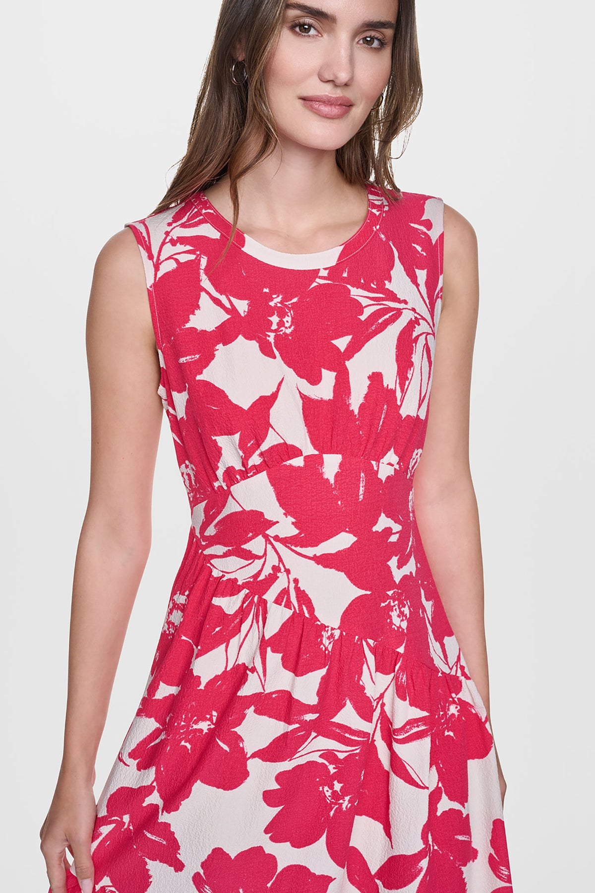 JEWEL NECK PRINTED MIDI DRESS - Fruit Punch/Light City Khaki | DKNY