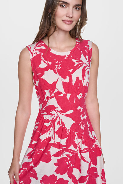 JEWEL NECK PRINTED MIDI DRESS - Fruit Punch/Light City Khaki | DKNY