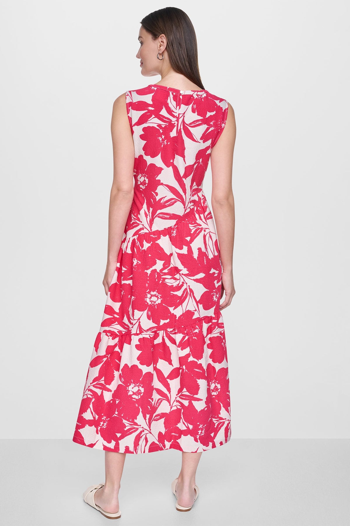 JEWEL NECK PRINTED MIDI DRESS - Fruit Punch/Light City Khaki | DKNY
