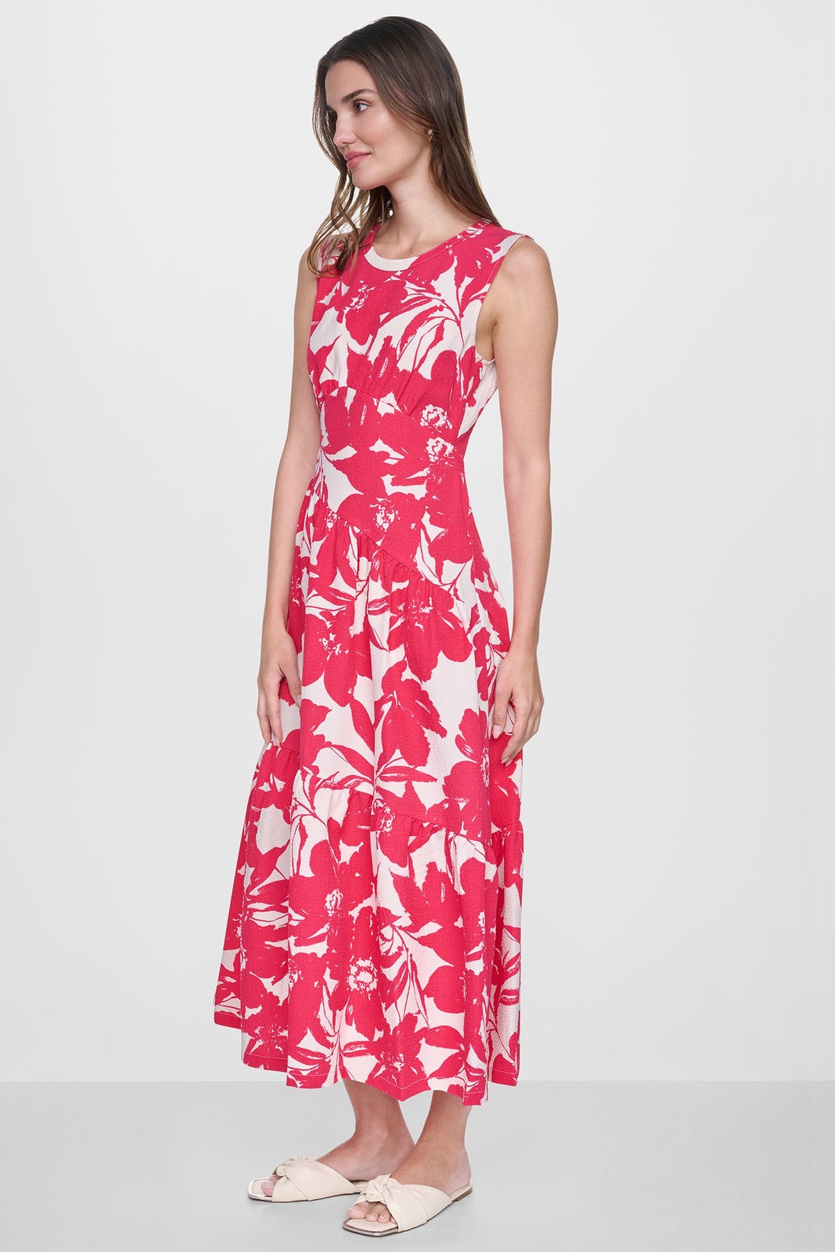 JEWEL NECK PRINTED MIDI DRESS - Fruit Punch/Light City Khaki | DKNY