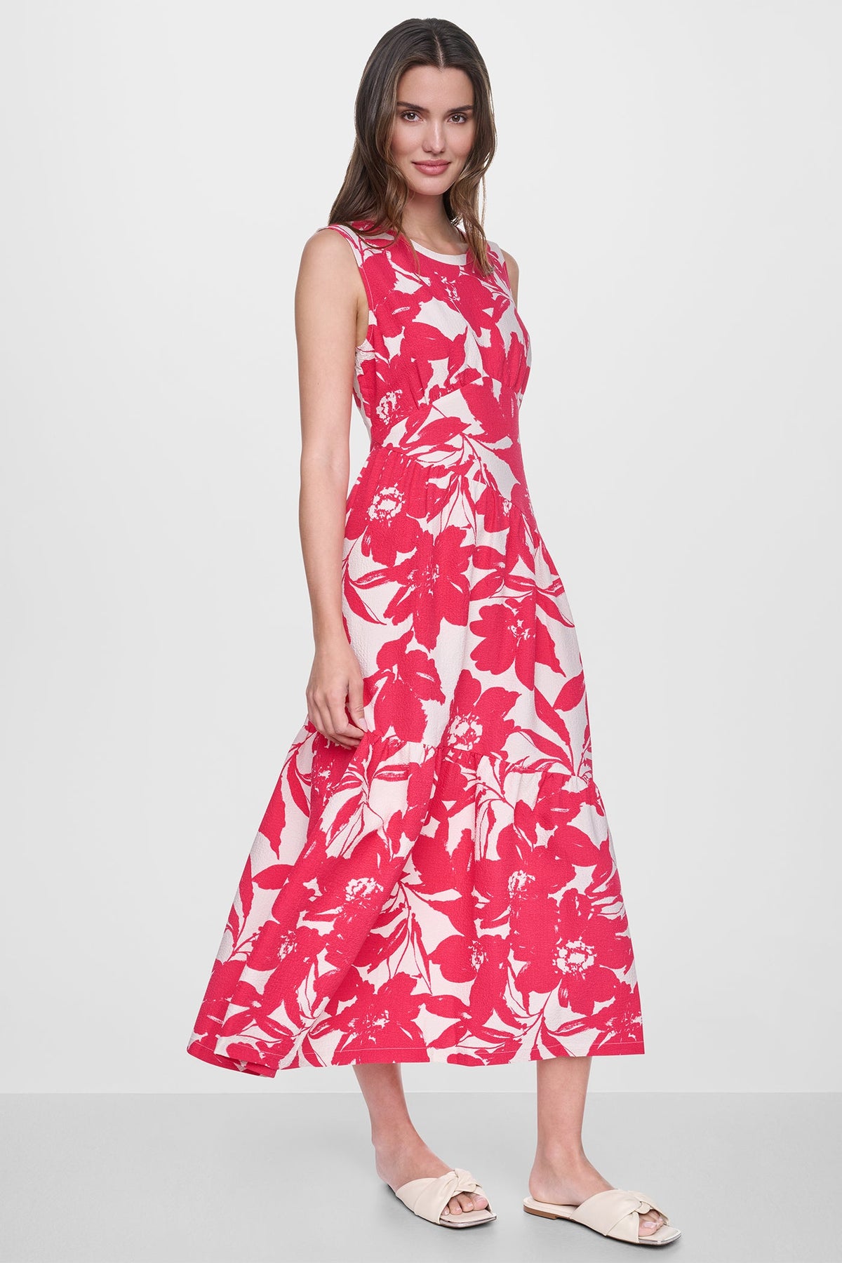 JEWEL NECK PRINTED MIDI DRESS - Fruit Punch/Light City Khaki | DKNY