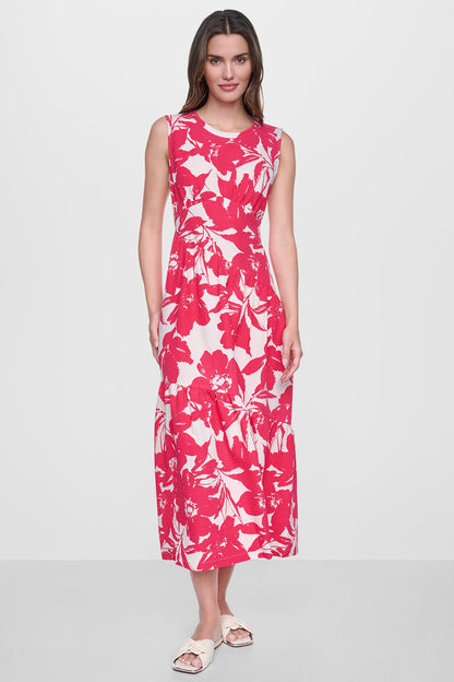 JEWEL NECK PRINTED MIDI DRESS - Fruit Punch/Light City Khaki | DKNY