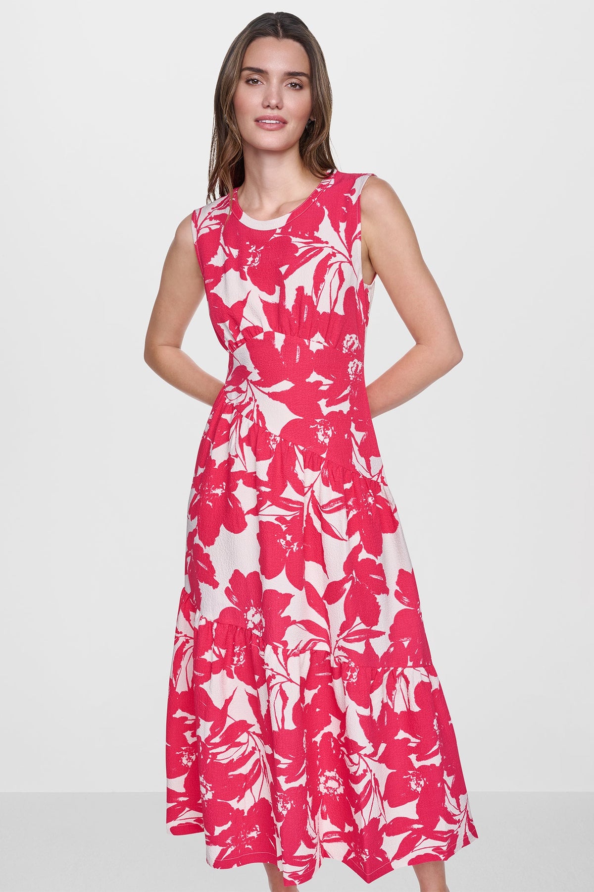JEWEL NECK PRINTED MIDI DRESS - Fruit Punch/Light City Khaki | DKNY
