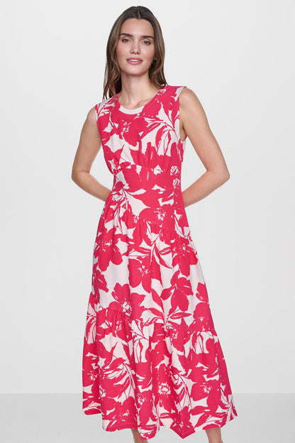 JEWEL NECK PRINTED MIDI DRESS - Fruit Punch/Light City Khaki | DKNY