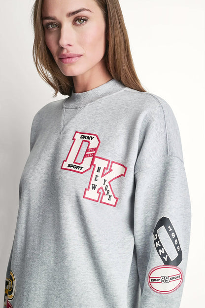 CAMPUS PATCH LONG SLEEVE SNEAKER DRESS - Pearl Grey Heather | DKNY