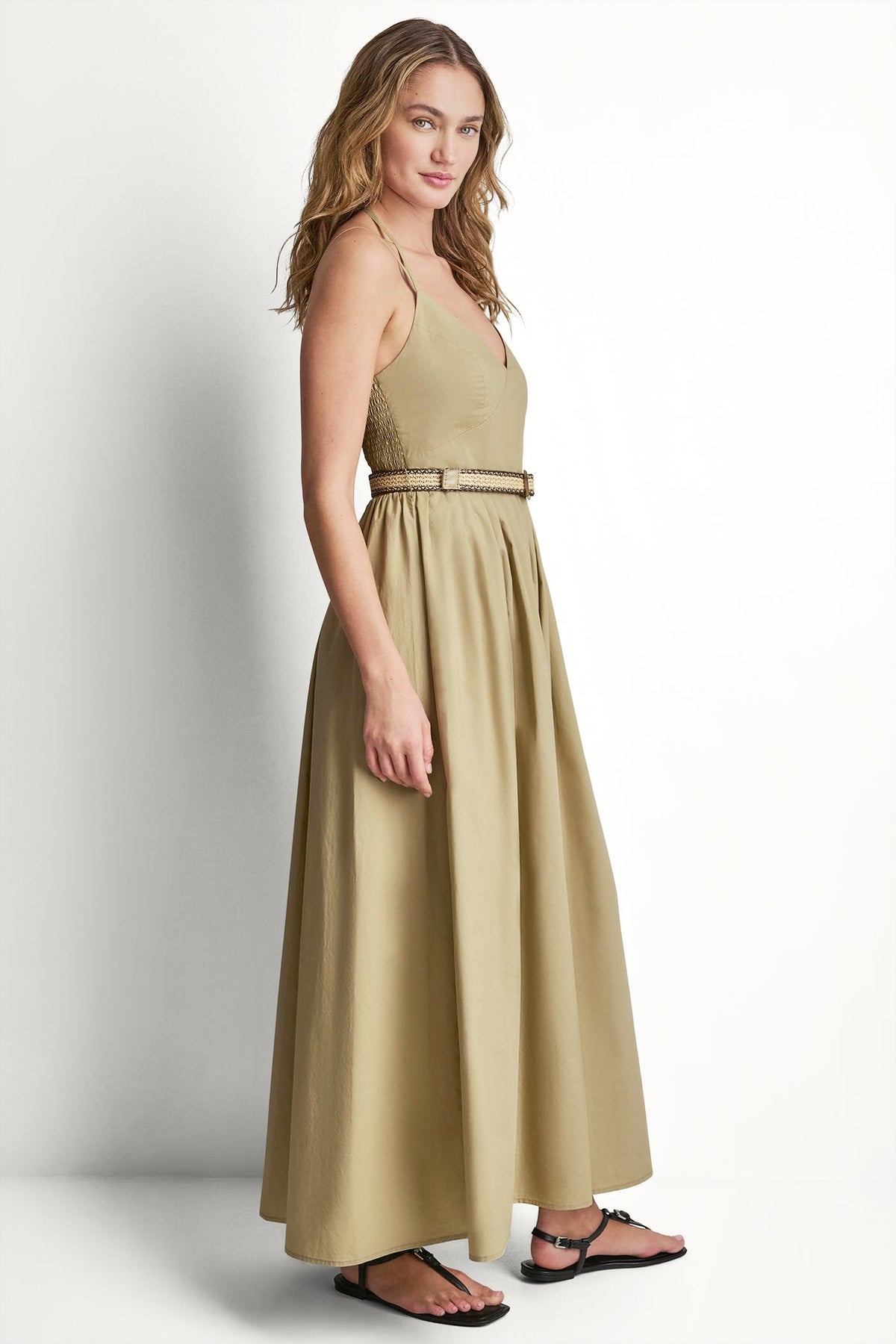 STRAPPY V-NECK MAXI DRESS WITH RAFFIA BELT - Chestnut | DKNY