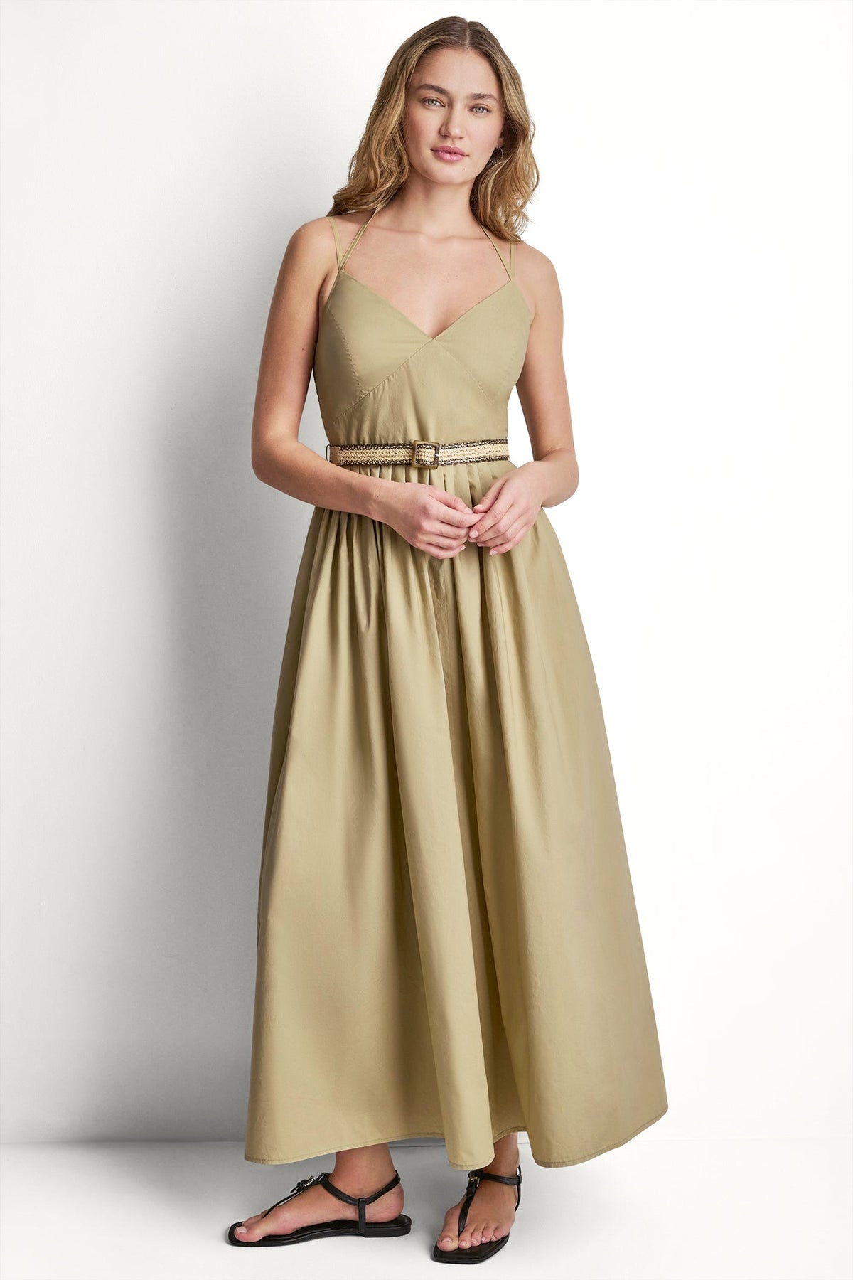 STRAPPY V-NECK MAXI DRESS WITH RAFFIA BELT - Chestnut | DKNY