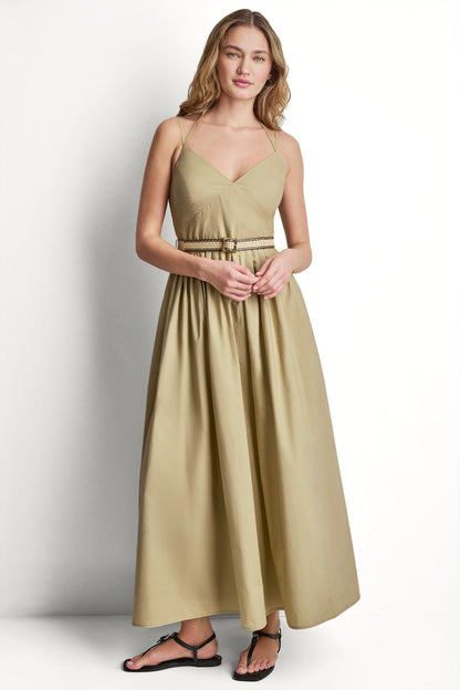 STRAPPY V-NECK MAXI DRESS WITH RAFFIA BELT - Chestnut | DKNY