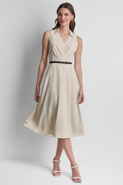 SLEEVELESS WRAP-EFFECT MIDI SHIRT DRESS - Papyrus | DKNY