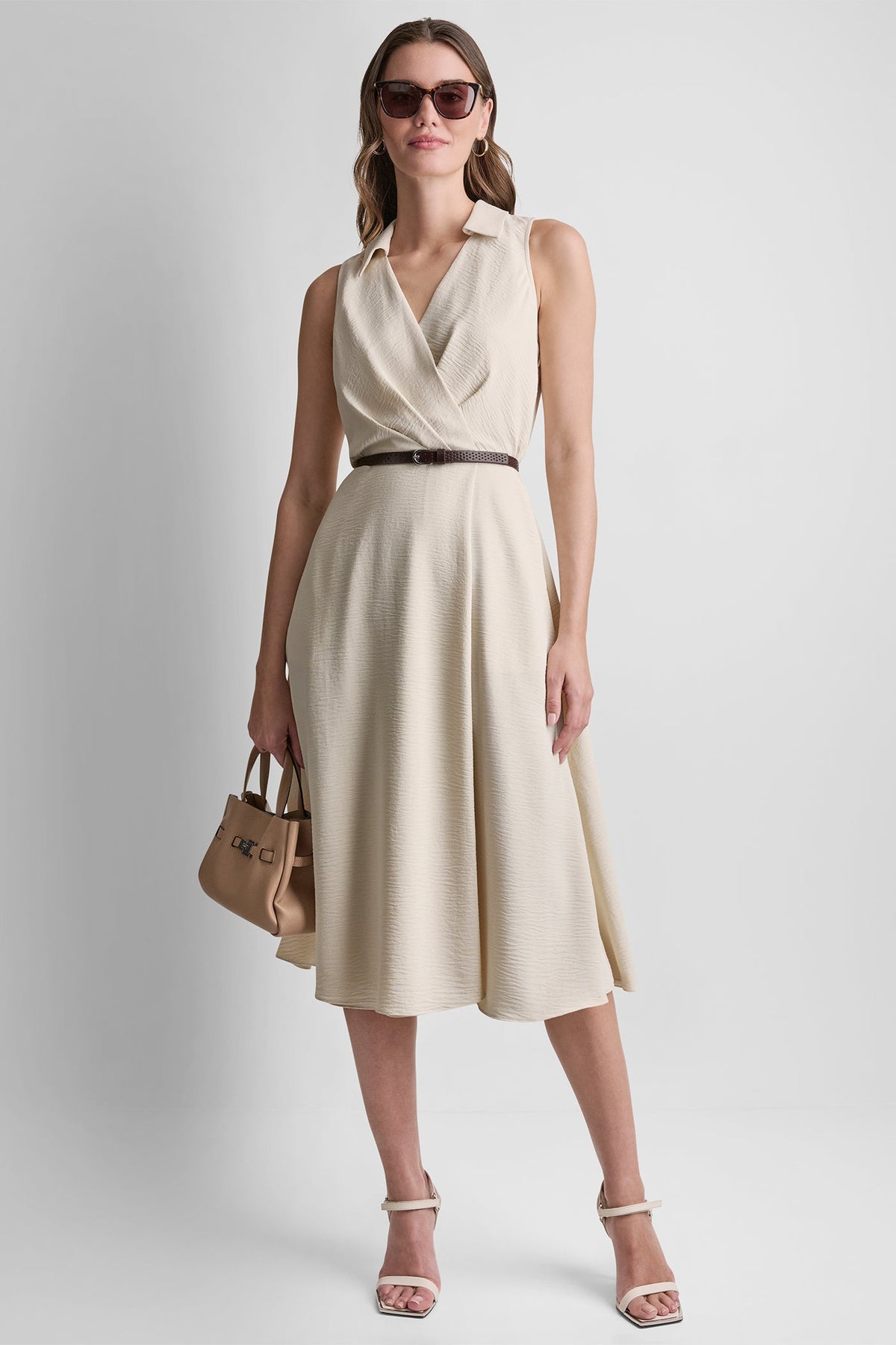 SLEEVELESS WRAP-EFFECT MIDI SHIRT DRESS - Papyrus | DKNY