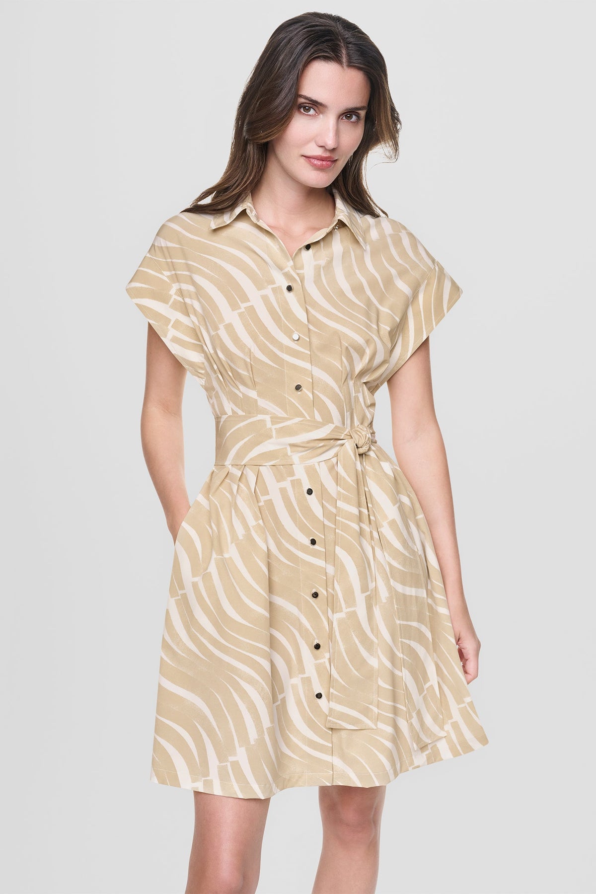 CAP SLEEVE MINI COMMUTER SHIRT DRESS - Khaki/Ivory | DKNY