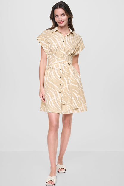 CAP SLEEVE MINI COMMUTER SHIRT DRESS - Khaki/Ivory | DKNY
