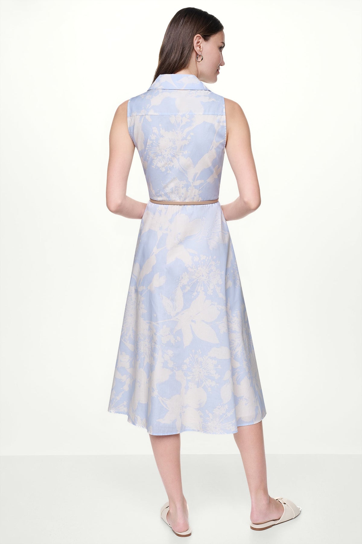 COTTON SLEEVELESS WRAP-EFFECT MIDI SHIRT DRESS - Frost Blue/White | DKNY