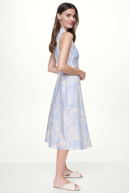 COTTON SLEEVELESS WRAP-EFFECT MIDI SHIRT DRESS - Frost Blue/White | DKNY