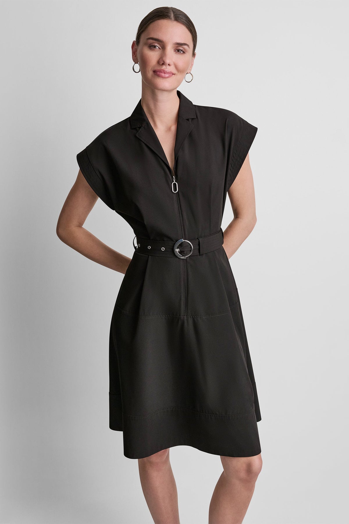 CAP SLEEVE ZIP-FRONT SHIRT DRESS - Indigo | DKNY
