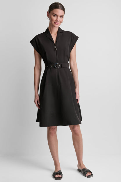 CAP SLEEVE ZIP-FRONT SHIRT DRESS - Indigo | DKNY