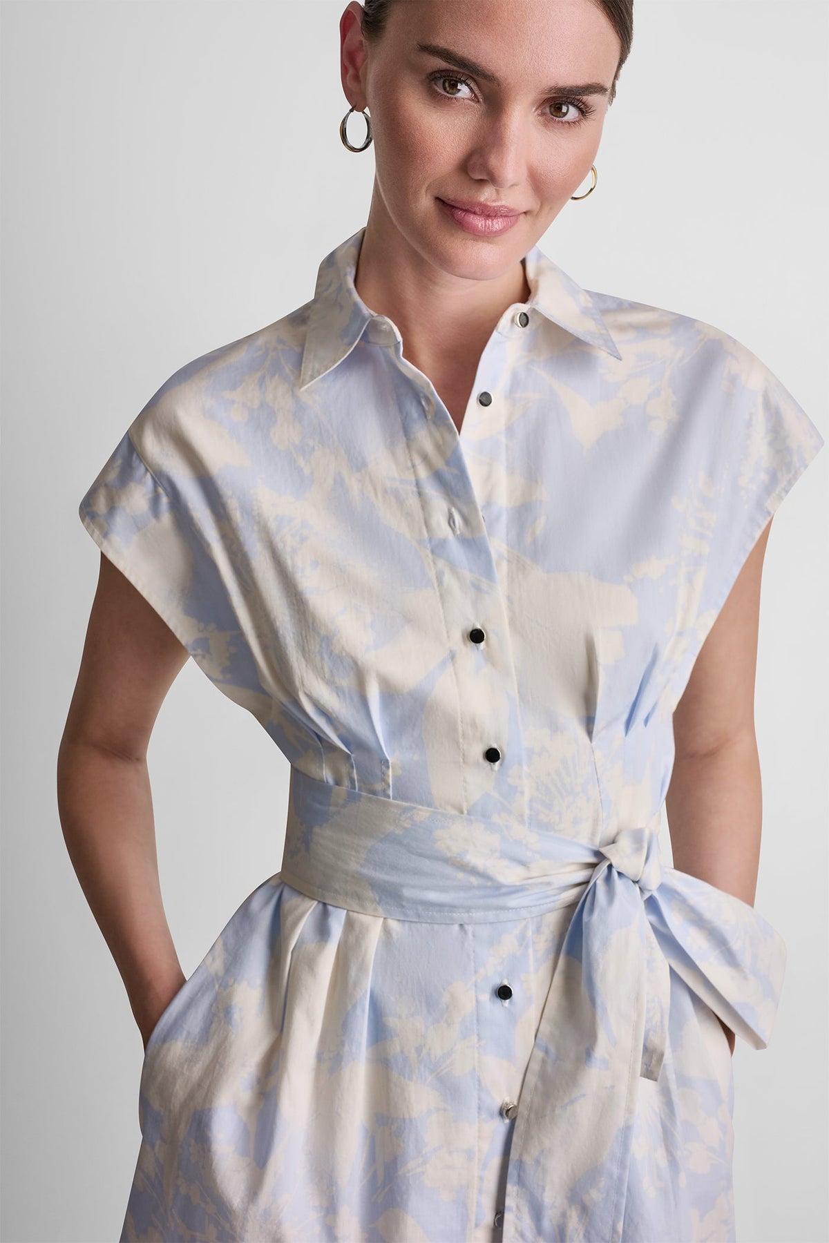 COTTON CAP SLEEVE MINI SHIRT DRESS - Pastel Yellow/Frost Blue | DKNY