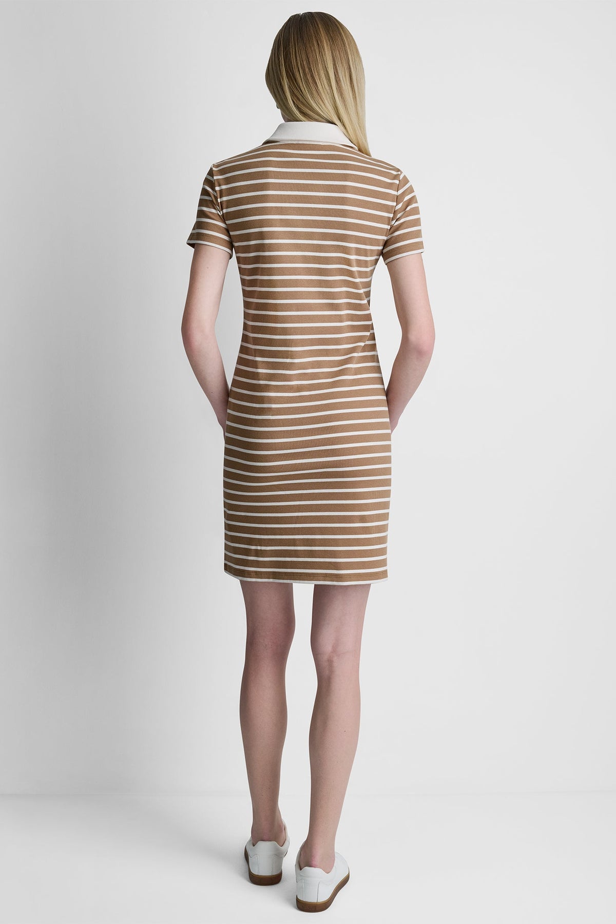 COTTON-BLEND SHORT SLEEVE STRIPE MINI POLO DRESS - Black/Truffle | DKNY