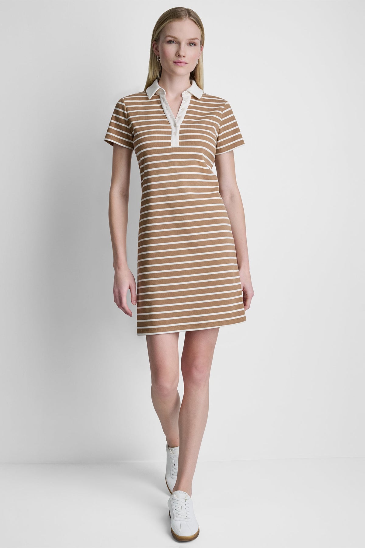 COTTON-BLEND SHORT SLEEVE STRIPE MINI POLO DRESS - Black/Truffle | DKNY