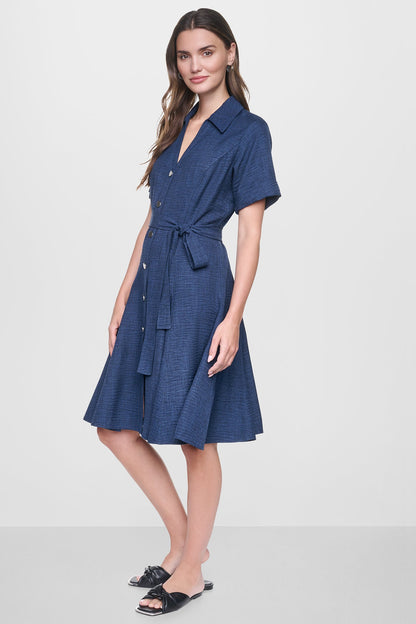MIDI A-LINE SHIRT DRESS - Indigo | DKNY