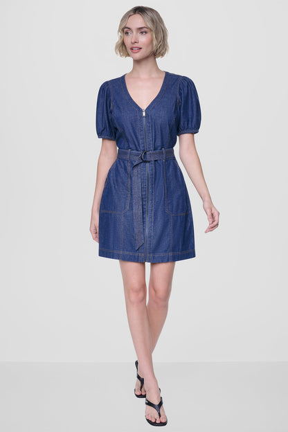 PUFF SLEEVE BELTED DENIM DRESS - Crosby Wash | DKNY