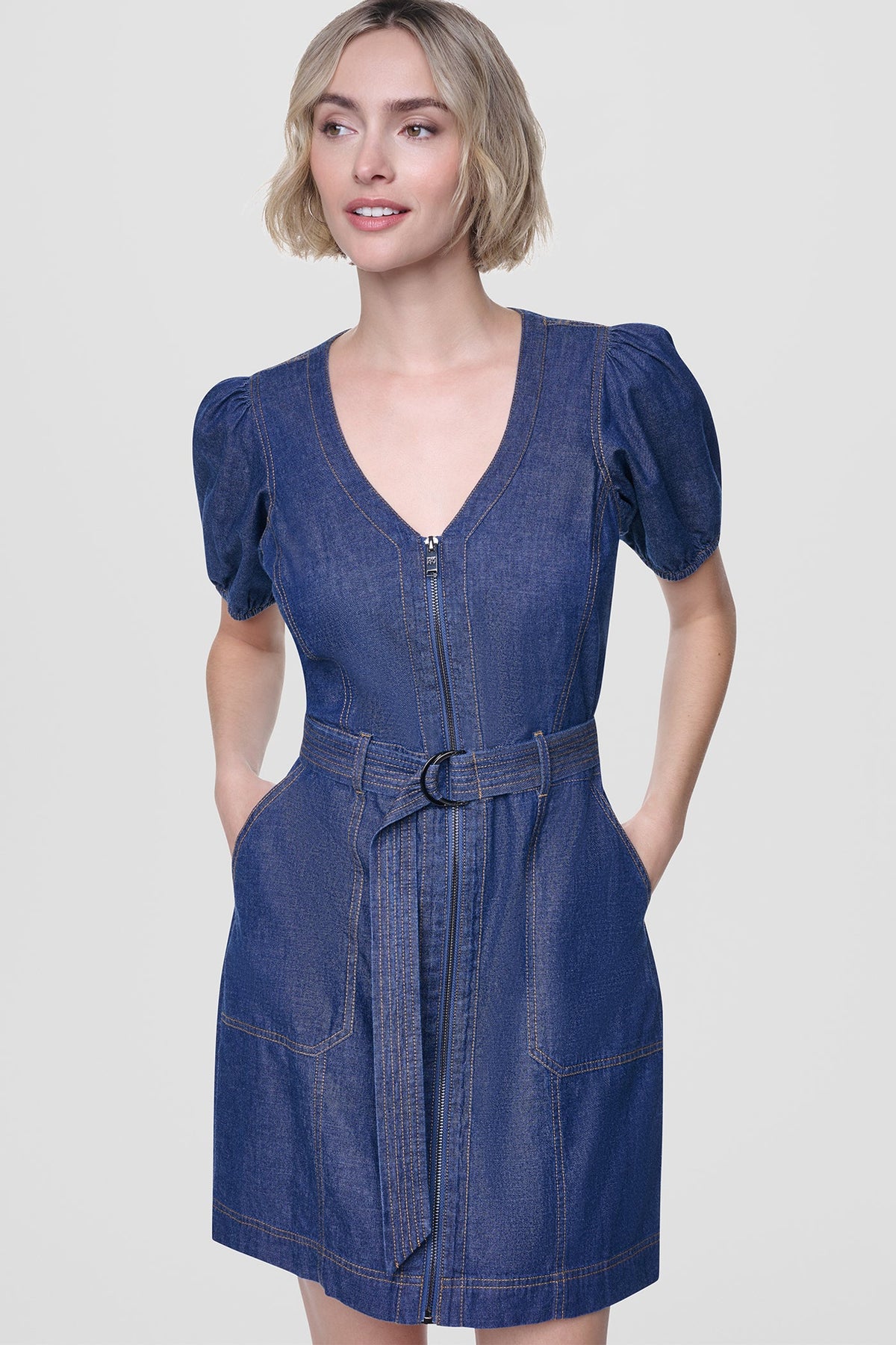 PUFF SLEEVE BELTED DENIM DRESS - Crosby Wash | DKNY