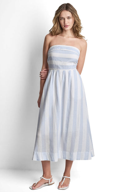 LINEN-BLEND STRAPLESS STRIPE DRESS - Broadway Stripe Frost Blue | DKNY