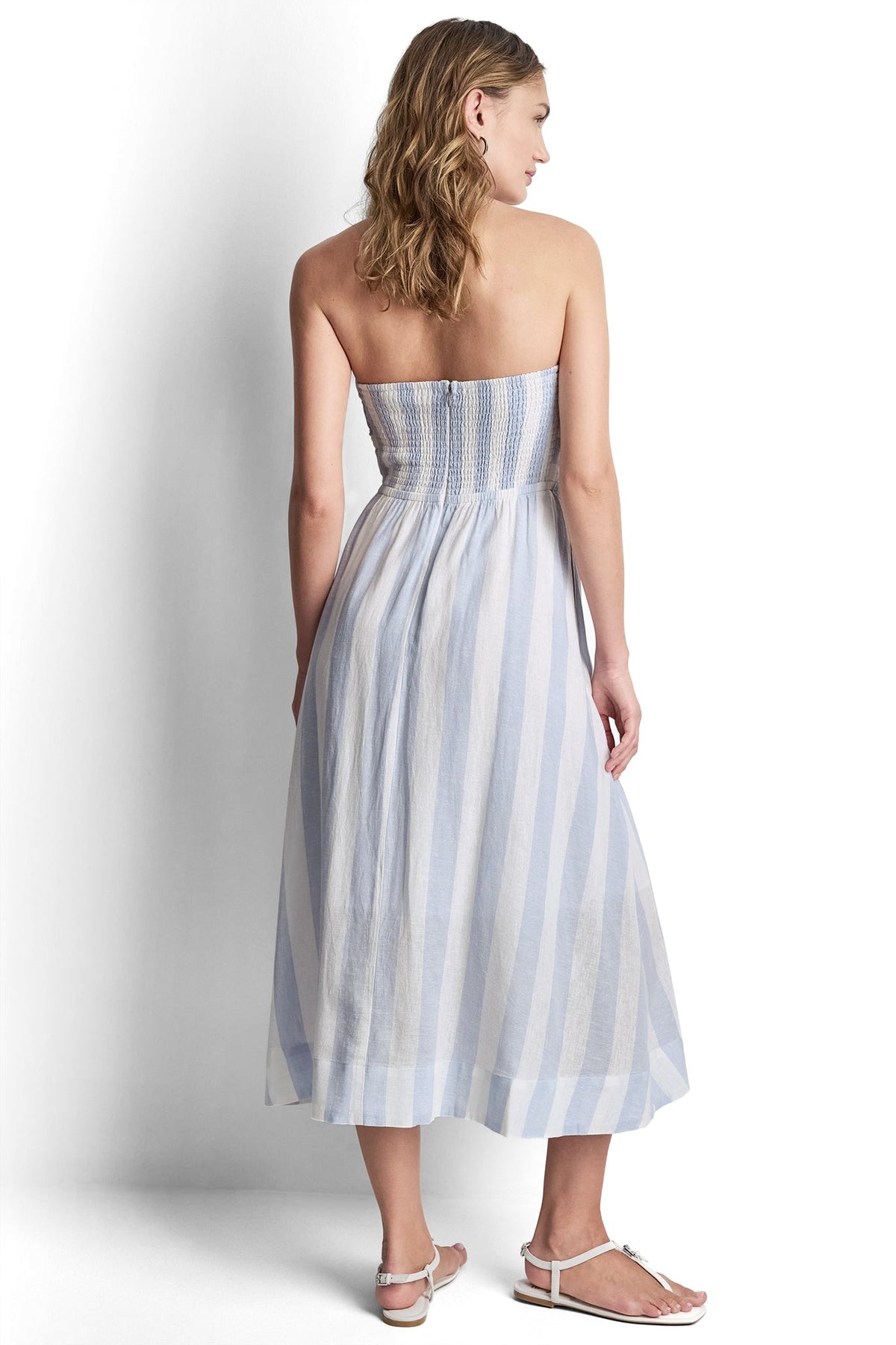 LINEN-BLEND STRAPLESS STRIPE DRESS - Broadway Stripe Frost Blue | DKNY