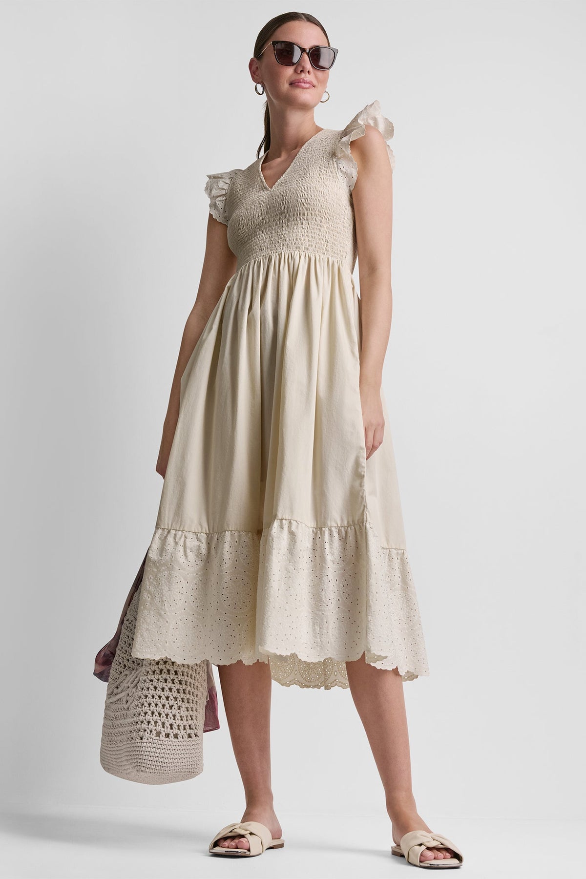 COTTON FLUTTER SLEEVE V-NECK MIDI FIT & FLARE DRESS - Light City Khaki | DKNY