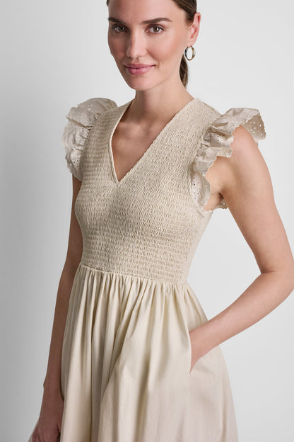 COTTON FLUTTER SLEEVE V-NECK MIDI FIT & FLARE DRESS - Light City Khaki | DKNY