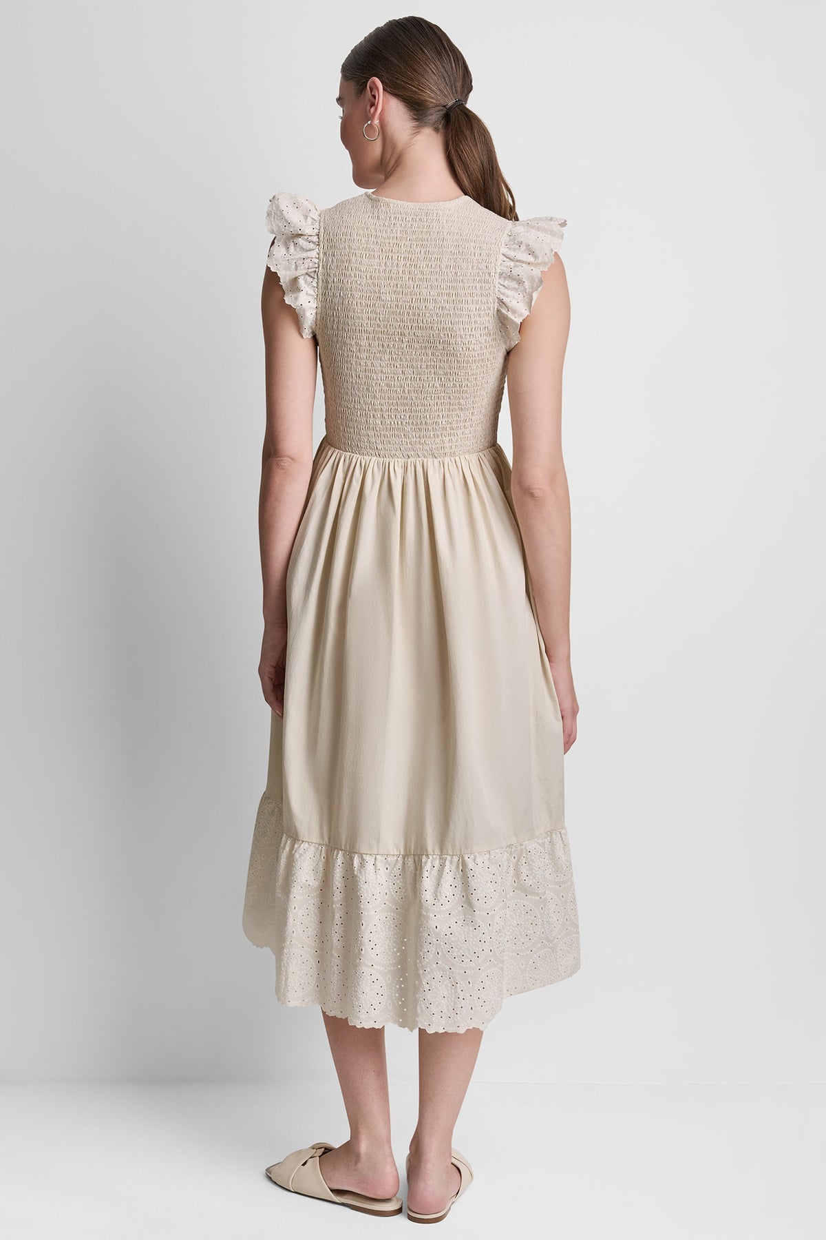 COTTON FLUTTER SLEEVE V-NECK MIDI FIT & FLARE DRESS - Light City Khaki | DKNY