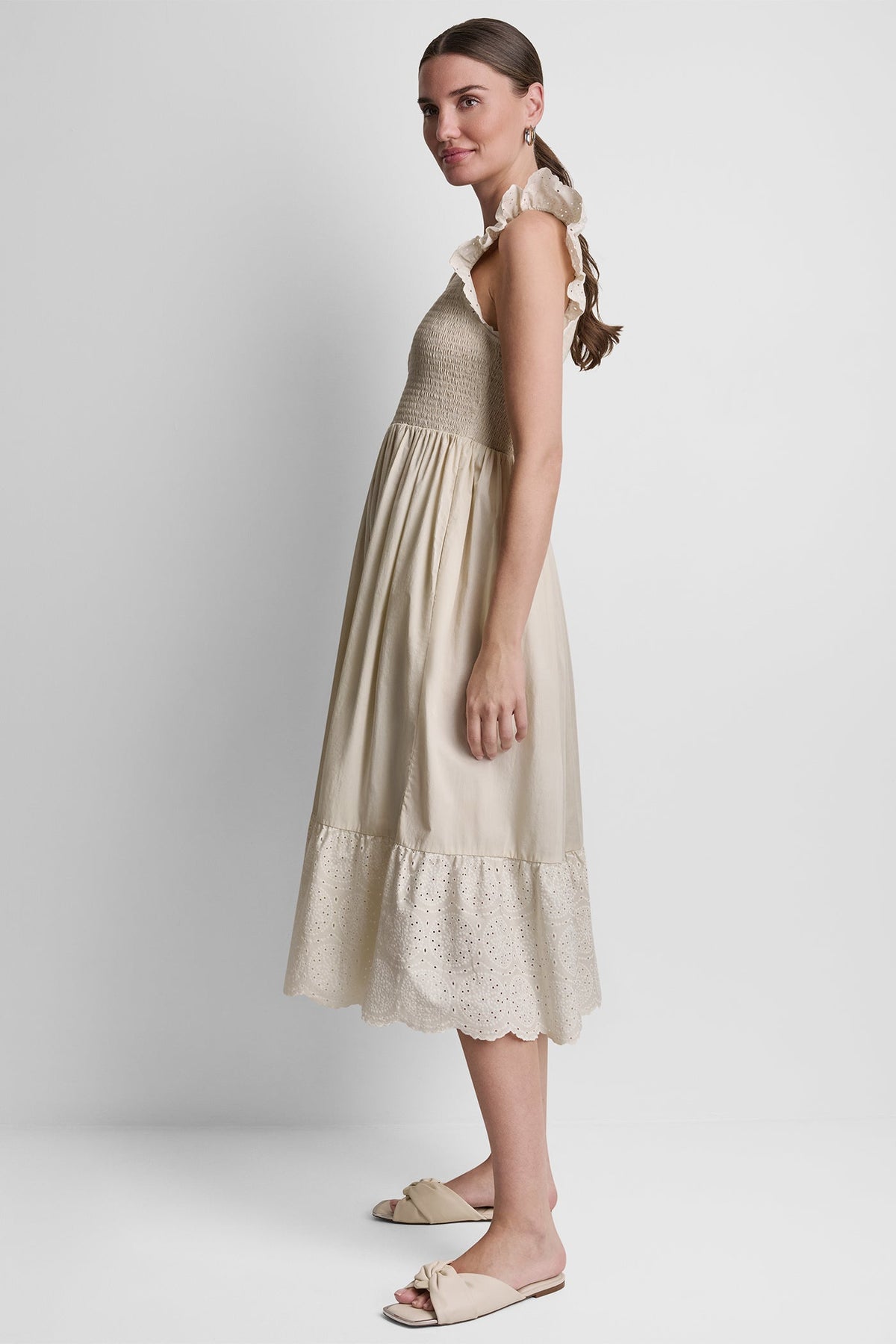 COTTON FLUTTER SLEEVE V-NECK MIDI FIT & FLARE DRESS - Light City Khaki | DKNY
