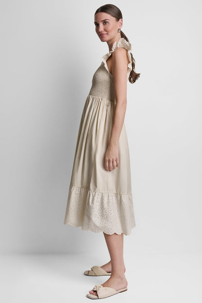 COTTON FLUTTER SLEEVE V-NECK MIDI FIT & FLARE DRESS - Light City Khaki | DKNY
