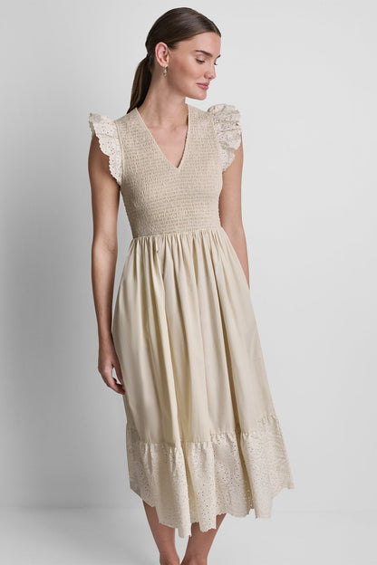 COTTON FLUTTER SLEEVE V-NECK MIDI FIT & FLARE DRESS - Light City Khaki | DKNY