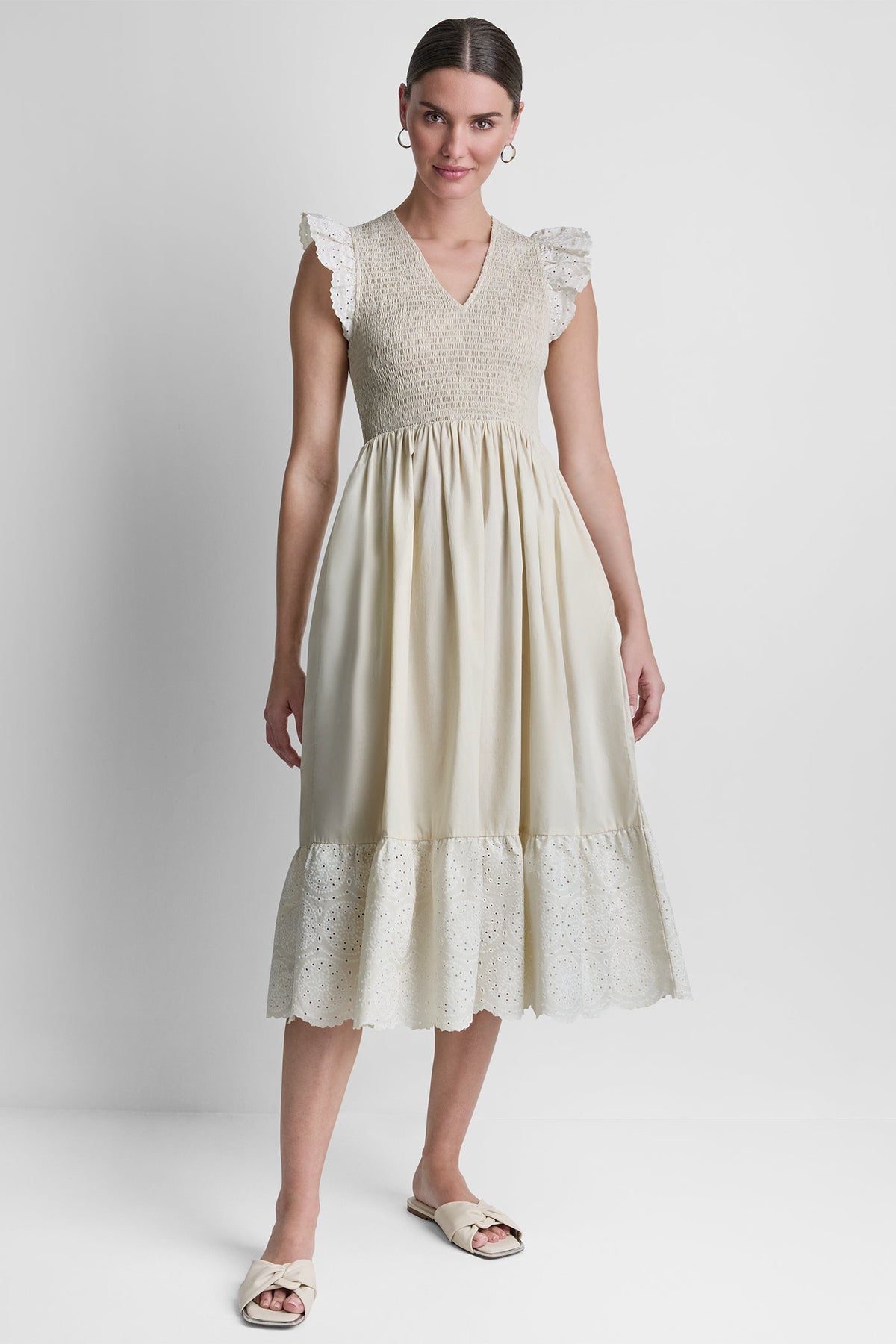 COTTON FLUTTER SLEEVE V-NECK MIDI FIT & FLARE DRESS - Light City Khaki | DKNY