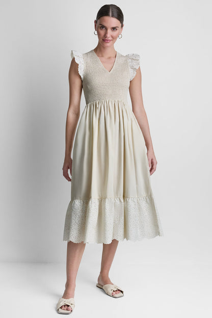 COTTON FLUTTER SLEEVE V-NECK MIDI FIT & FLARE DRESS - Light City Khaki | DKNY
