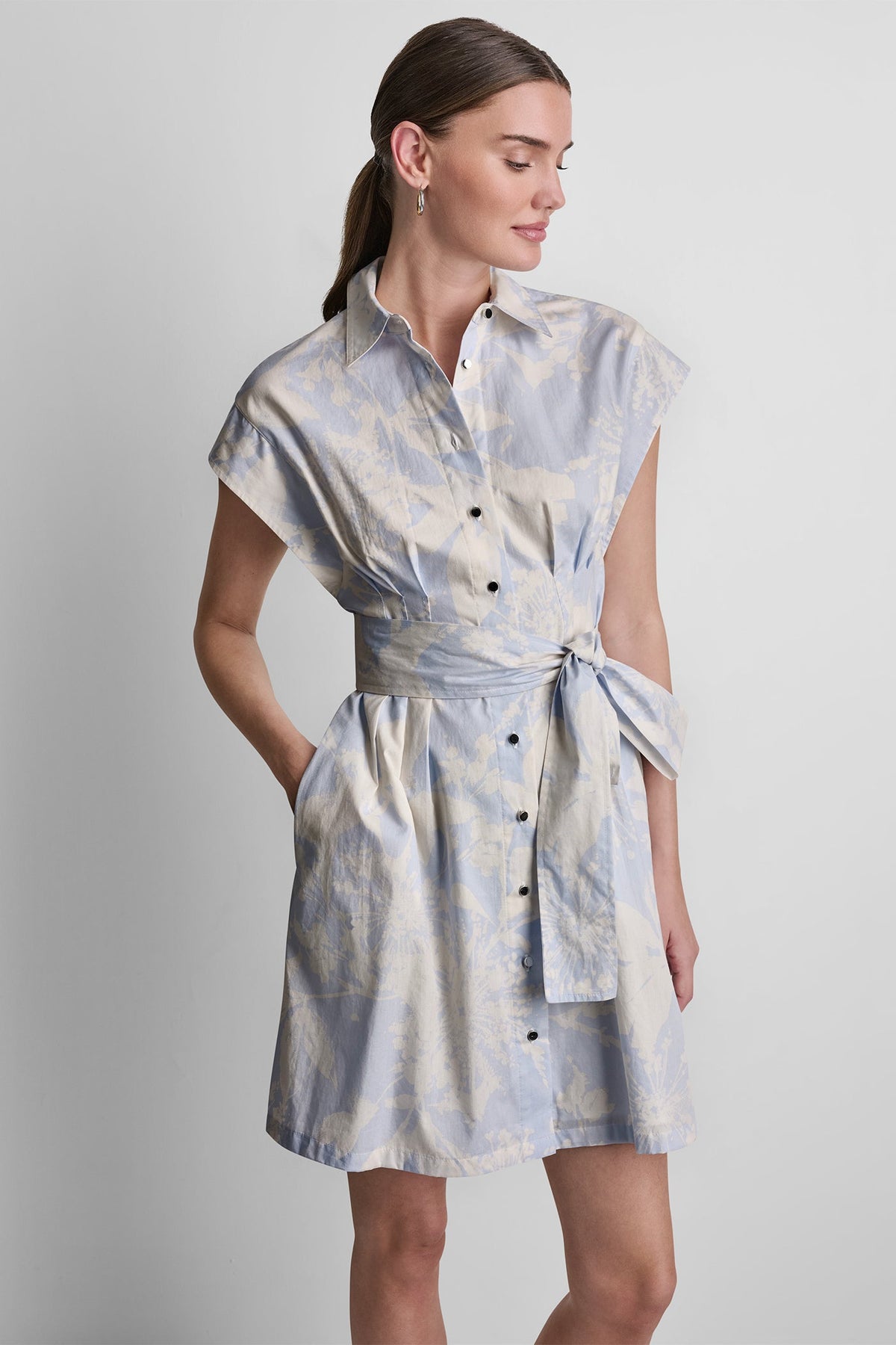 COTTON CAP SLEEVE MINI SHIRT DRESS - Frost Blue/White | DKNY