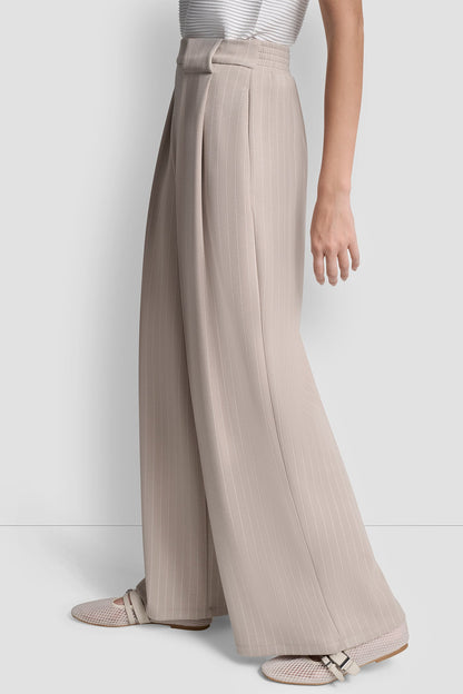 PINSTRIPED PLEATED STRAIGHT-LEG PULL-ON PANT - Pebble Pinstripe | DKNY