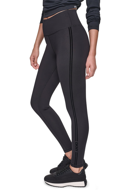 HIGH-RISE FLOCKED STRIPE LOGO 7/8 LENGTH LEGGING - Black | DKNY