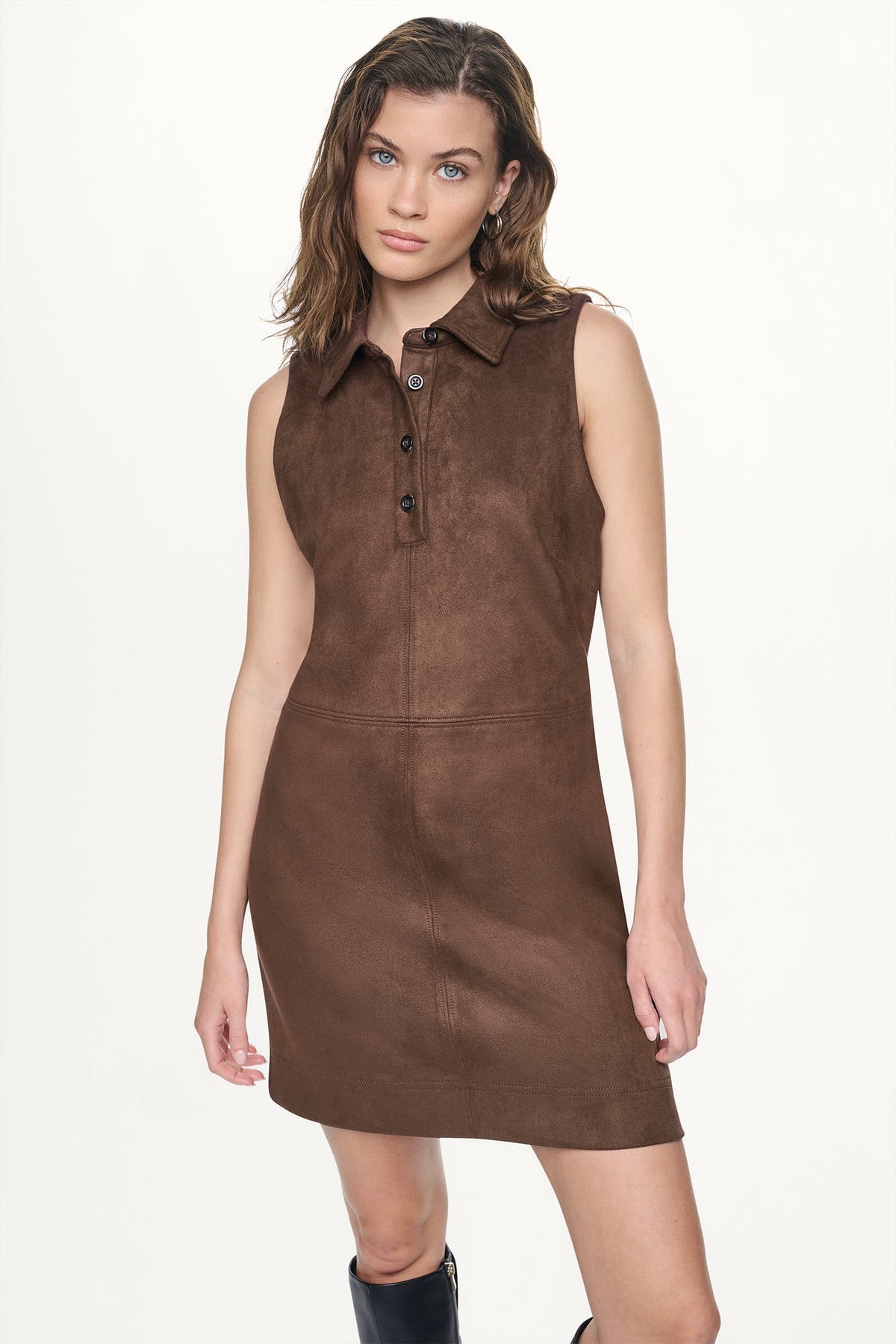 COLLARED FAUX SUEDE DRESS - Chestnut | DKNY