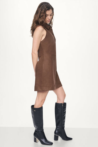 COLLARED FAUX SUEDE DRESS - Chestnut | DKNY
