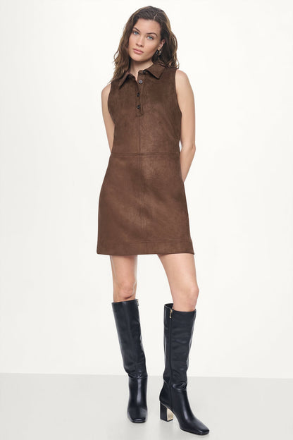 COLLARED FAUX SUEDE DRESS - Chestnut | DKNY