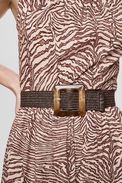 SLEEVELESS DROP-WAIST FIT & FLARE MIDI DRESS - Alabaster/Truffle Multi | DKNY