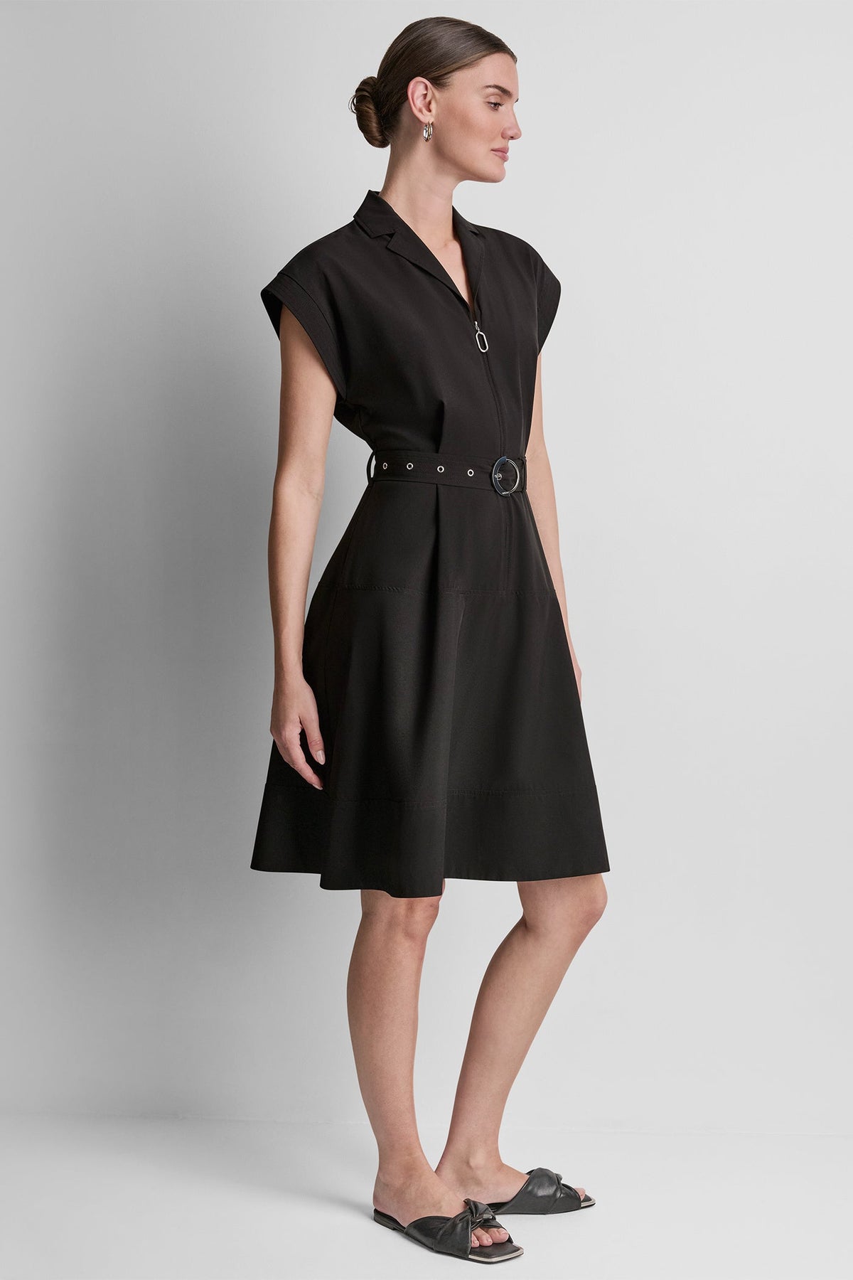 CAP SLEEVE ZIP-FRONT SHIRT DRESS - Black | DKNY