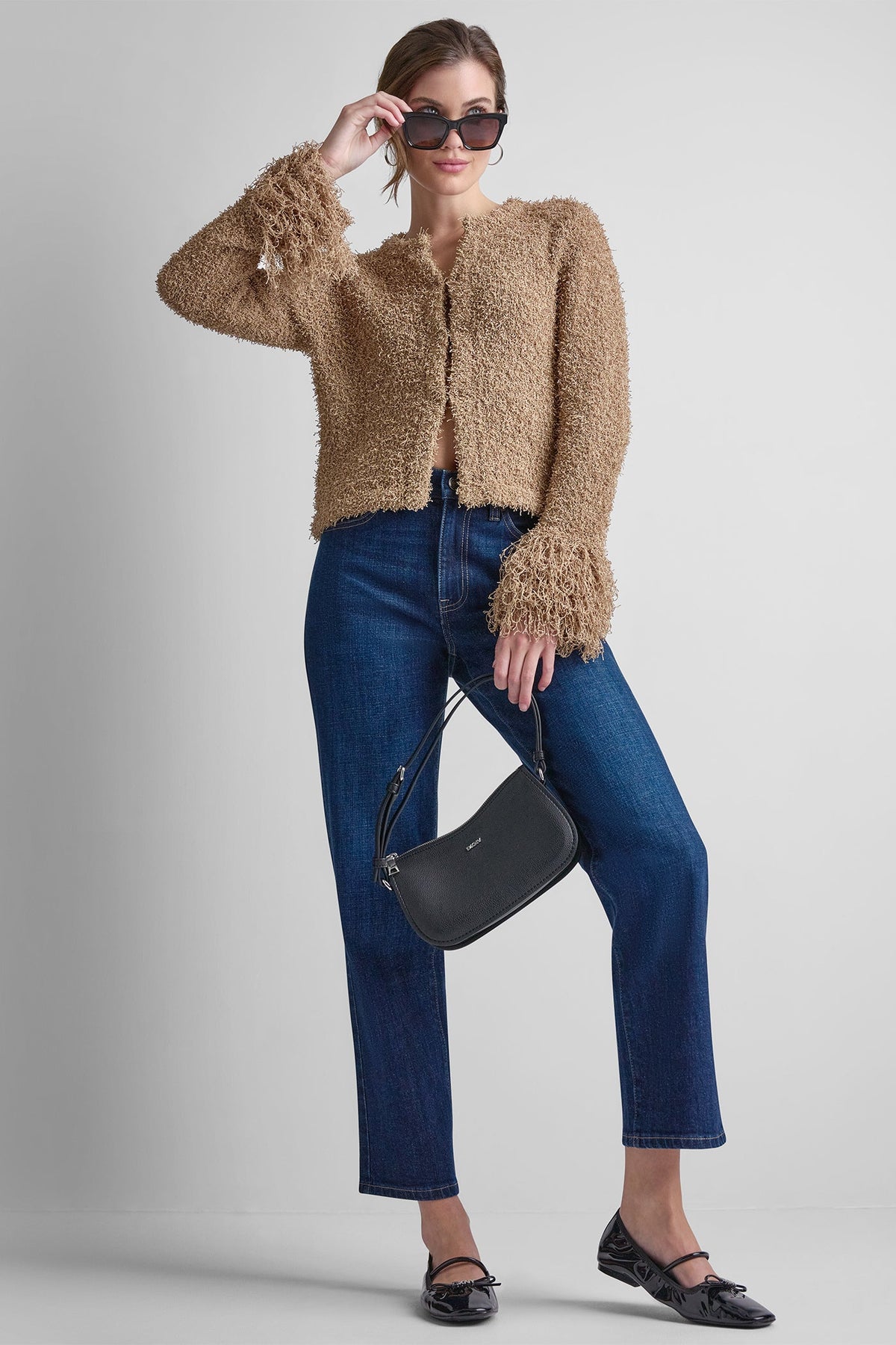 LONG SLEEVE FRINGE CARDIGAN - Travertine | DKNY
