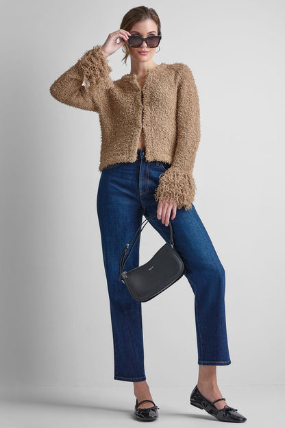 LONG SLEEVE FRINGE CARDIGAN - Travertine | DKNY