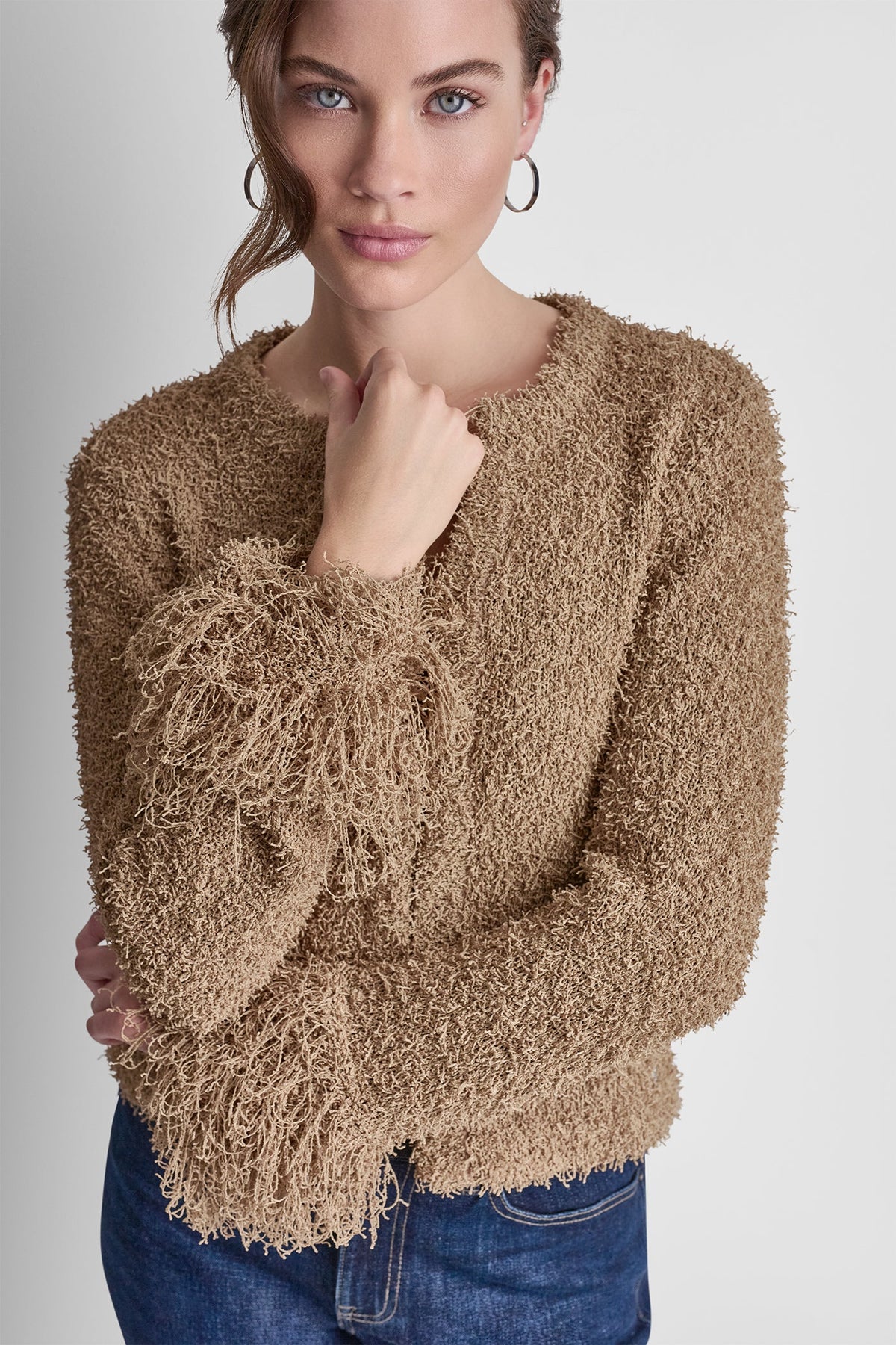 LONG SLEEVE FRINGE CARDIGAN - Travertine | DKNY